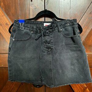 Lace up black denim skirt